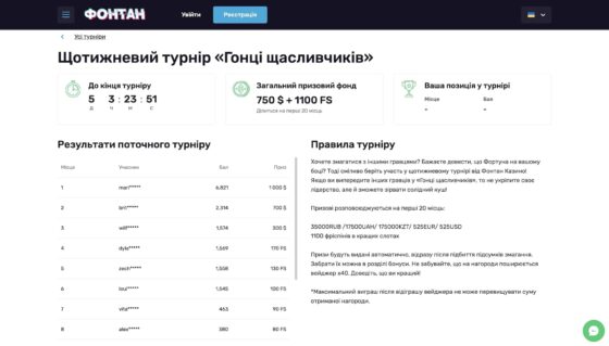 Турніри казино Фонтан