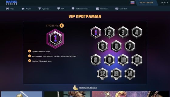 Vip програма казино Marvel
